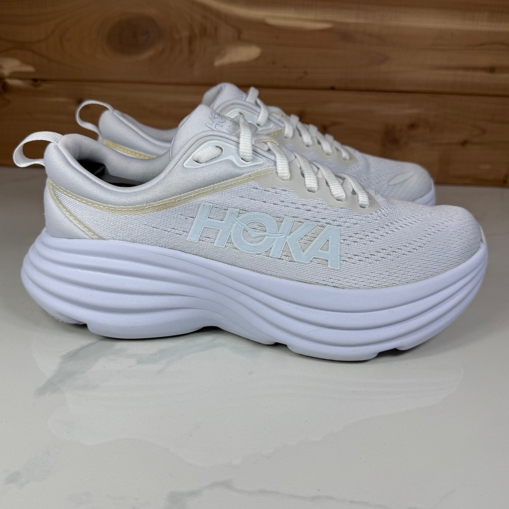 Hoka One One White Athletic Running Shoes with Subtle Gold Trim - Picture 6 of 16
